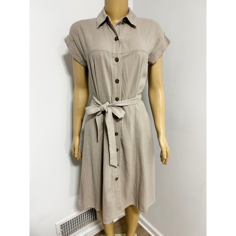 Calvin Klein Womens Tan Beige Linen Blend Button Front Belted Shirt Dress Size 4